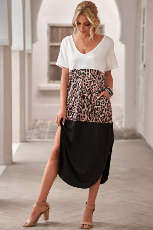 Colorblock Leopard Casual T-shirt Maxi Dress