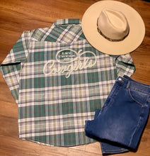 Load image into Gallery viewer, Let There Be Cowgirls Green Plaid Button-Up Western Shirt
