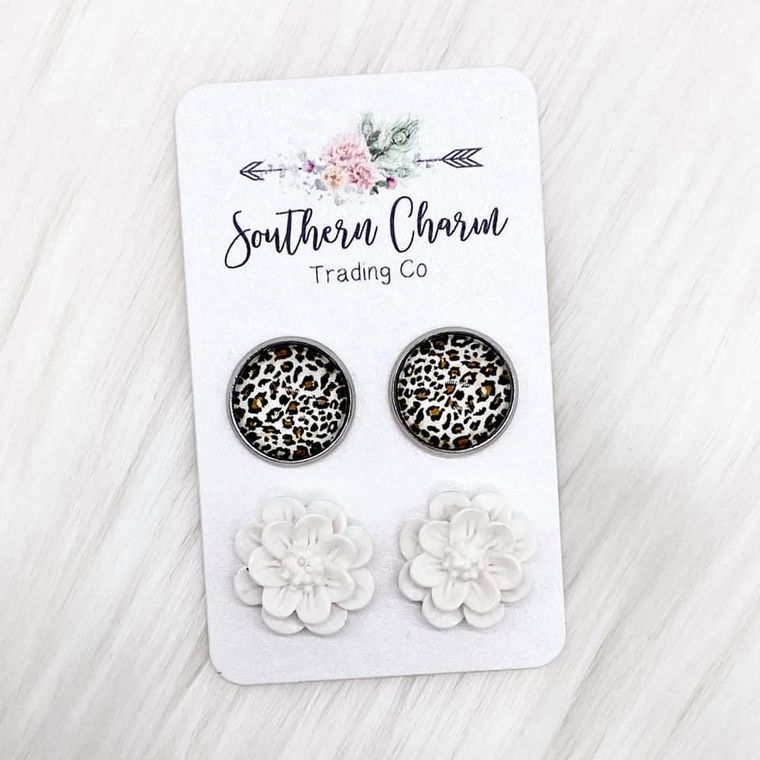 Tan Leopard Earrings & White Flower Earrings