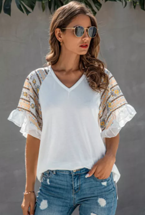 White Floral Print Color Block Ruffled Short Sleeve Blouse